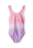 Girls one-piece swimsuit in pink and purple gradient with 'HELLO SUNSHINE' text, front view.