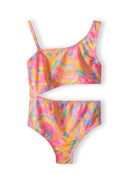 Girls one-piece swimsuit in vibrant floral pattern, front view, features adjustable straps.