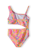 Girls one-piece swimsuit in a colorful floral pattern, front view, featuring shoulder straps.