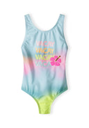 Girls one piece swimsuit in mint with 'VACAY' print, front view.