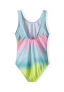Girls one piece swimsuit in a multicolor design, front view with a rounded neckline.