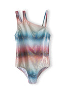 Girls one-piece swimsuit, multicoloured, front view with narrow shoulder straps.