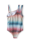 Girls one-piece swimsuit, multicoloured, front view, features narrow shoulder straps and scoop neckline.