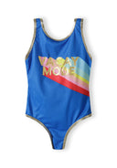 Girls one-piece swimsuit in vibrant blue with 'VACAY MODE' print, front view.