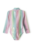 Girls long sleeve rash bodysuit, back view, light pink with iridescent finish.
