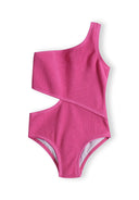 Girls one piece swimsuit in solid pink, front view with a sleeveless design and cut-out detail.