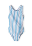 Girls one piece swimsuit in blue and white stripes, front view with scoop neckline and thin straps.