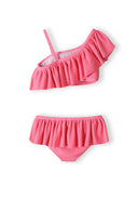 Girls two-piece pink bikini set with ruffled details, front view.