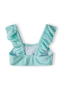 Girls mint bikini top with ruffled straps, back view.