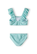 Girls two-piece mint bikini, front view, featuring ruffled straps.