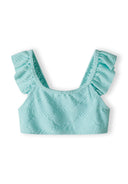 Girls mint bikini top with ruffled straps, front view.