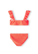 Girls two-piece bikini in vivid orange, front view, featuring ruffled straps.