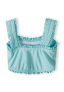 Girls bikini top in light blue with ruffled straps, back view.