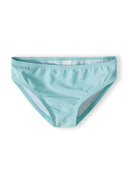 Girls bikini bottom in light blue, front view with elastic waistband.