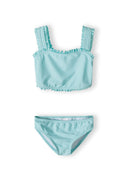 Girls 2 piece bikini in blue, front view, features ruffled straps and matching bottoms.