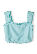 Girls bikini top in light blue with ruffled straps, close-up view.