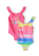 Set of two girls' one-piece swimsuits, one pink with ruffles and text, one colorful striped.