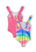 Two one-piece swimsuits for girls, one solid pink and one with colorful wave pattern, back view.