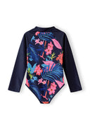 Girls rash bodysuit, navy with floral print, back view, long sleeves, front zip.