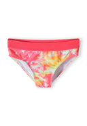 Girls swim briefs in coral tie-dye with elasticated waistband, front view.