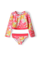 Girls long sleeve tie-dye swim set with coral top and briefs.