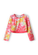Girls long sleeve swim top in coral tie-dye with round neckline.