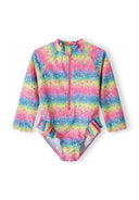 Girls long sleeve rash bodysuit with front zip, multicoloured design and ruffle details.