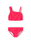 Girls two-piece bikini in vibrant coral, front view, featuring one-shoulder design and elasticated edges.