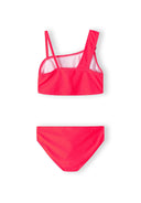 Girls two-piece bikini in vibrant coral, front view, featuring adjustable straps and elasticated edges.