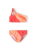 Girls two piece bikini in apricot with a one-shoulder top and matching bottom.