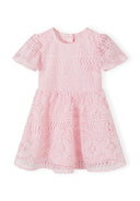 Girls pink lace dress with flared sleeves and circle skirt, front view.