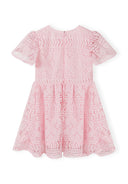 Girls dress in pink with flared sleeves and a circle skirt, back view.