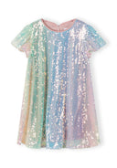Girls dress with flutter sleeves, multicolored sequins, front view.