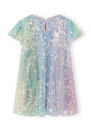 Girls dress with flutter sleeves, multicoloured sequins, back view.