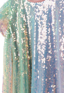 Detail of a girls dress with multicoloured sequins and flutter sleeves.