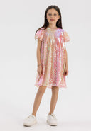 Girls dress with flutter sleeves and sequins, front view.