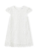 Girls short sleeve lace dress in white, front view, featuring delicate lace patterns.