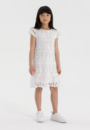 Girls short sleeve lace dress in white, front view, featuring intricate lace patterns.