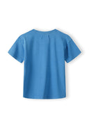 Back view of a blue boys short sleeve t-shirt with a round neckline.