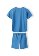 Boys blue short sleeve t-shirt and shorts set, back view, features elasticated waistband.