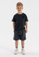 Boys short sleeve t-shirt and shorts set in grey, featuring printed details and pockets.