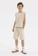 Boys sleeveless vest and shorts set in neutral grey, featuring a small print and side pockets.