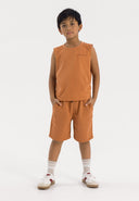 Boys sleeveless vest and shorts set in orange with side pockets, front view.