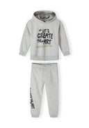 Boys grey fleece set, hooded sweatshirt with print and joggers, front view.