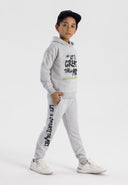 Boys grey fleece set featuring a hooded sweatshirt with printed design and joggers with side pockets.