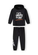 Boys black fleece hoodie and joggers set, front view with graphic print.