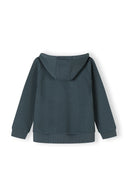 Boys half zip hoodie in blue, back view with hood and elasticated hem.