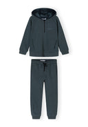 Boys half zip hoodie and joggers set in dark blue, front view with print detail and elasticated cuffs.
