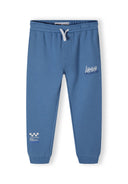 Blue joggers with elasticated waistband and side pockets, front view.