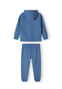 Boys blue fleece hoodie and joggers set, back view, with hood and pockets.